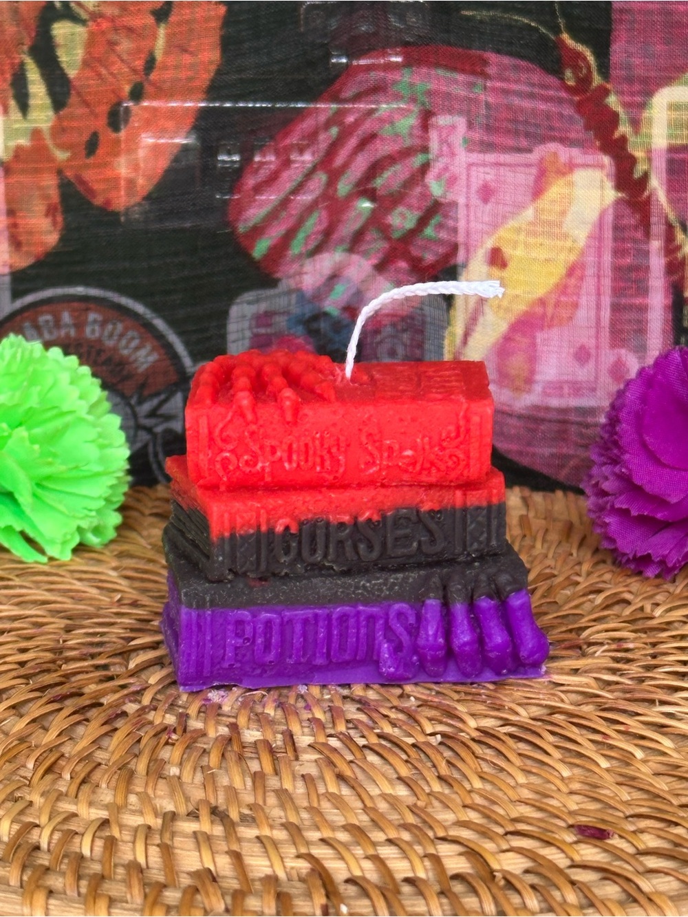 Spooky Books Candle – Red, Black & Purple Gothic Book Stack